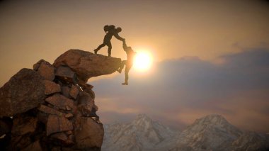 Bir dağcı, arkadaşının uçurumdan düşmemesine ve dağın tepesine ulaşmasına yardım eder.