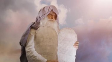 Eski Ahit 'in İncil peygamberi Musa on emirle birlikte tabletleri tutuyor.