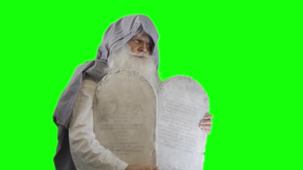 旧約聖書の預言者モーセは 緑の背景に十戒のタブレットを保持しています — ストック動画