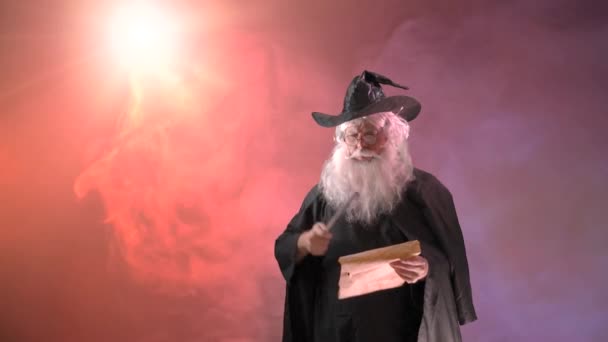 Funny Old Man Wizard Magician Makes Magic Magic Wand — Stock Video