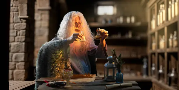 Een Oude Alchemist Een Middeleeuws Chemisch Laboratorium Rechtenvrije Stockfoto's