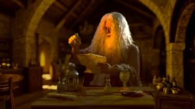 Ortaçağ kimya atölyesindeki eski bir simyacı.