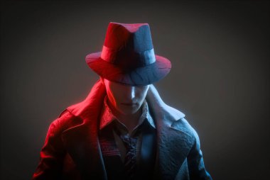 Kara film tarzında özel retro dedektif. Soruşturma ve arama 3 boyutlu canlandırma.