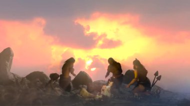 Kamp ateşinin yanındaki tarih öncesi mağara adamları.