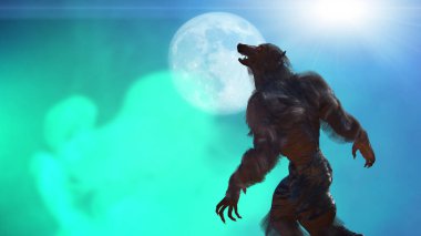 Bir kurt adam ay arka planında uluyor.