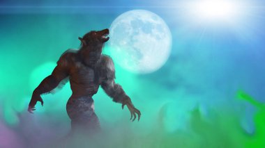 Bir kurt adam ay arka planında uluyor.