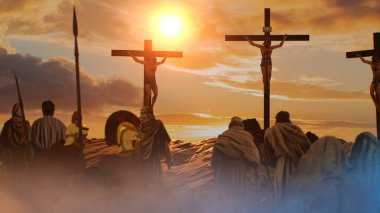 Yüce İsa 'nın Golgotha' da çarmıha gerilmesi, 3D 'nin çarmıha gerilmesini izleyen kalabalık.