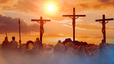 Yüce İsa 'nın Golgotha' da çarmıha gerilmesi, 3D 'nin çarmıha gerilmesini izleyen kalabalık.