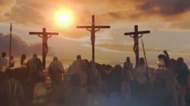Yüce İsa 'nın Golgotha' da çarmıha gerilmesi, 3D 'nin çarmıha gerilmesini izleyen kalabalık.