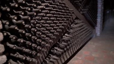 Şarap mahzeni arka planında şarap şişeleri