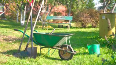 Bahçe Aletleri ve El Arabası Yeşil Çimlerde - Arka bahçede Tırmık, Kürek, Kürek ve Kova 