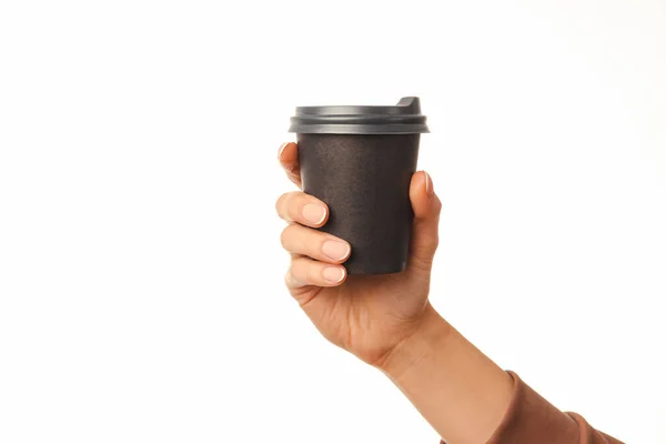 Close Photo Woman Hand Holding Cup Coffee White Background — Stock Photo, Image