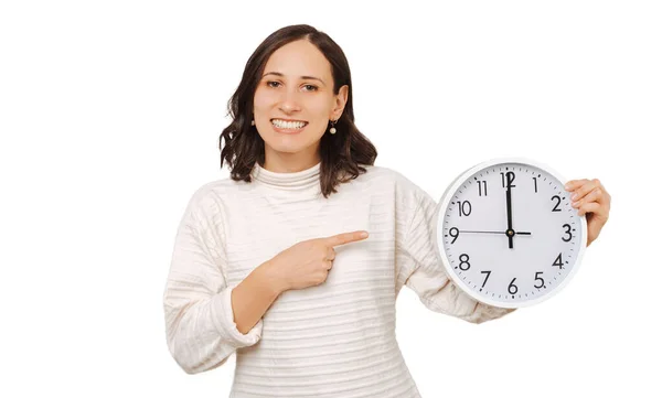 Imagen Joven Mujer Hermosa Feliz Señalando Gran Reloj Blanco —  Fotos de Stock