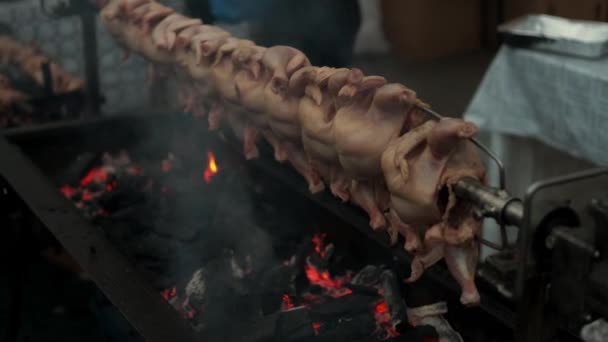 主厨在户外烧烤时准备烤鸡的特写镜头 — 图库视频影像