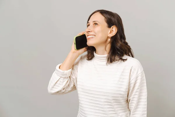 Ecstatic Young Woman Having Positive Conversation Phone Call Studio Shot — Stock Photo, Image