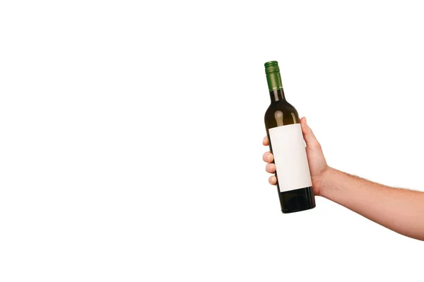 Stark Manlig Hand Håller Grön Glasflaska Vin Med Vit Kopia — Stockfoto