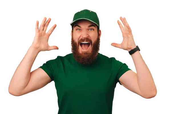 Uau Diz Que Homem Barbudo Chocado Vestindo Uniforme Entrega Verde — Fotografia de Stock