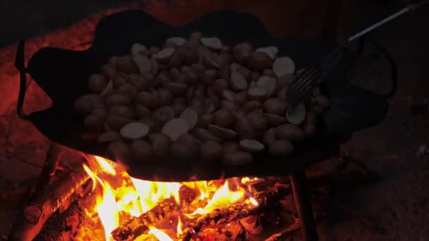 男子在篝火营外准备油炸土豆的镜头 — 图库视频影像