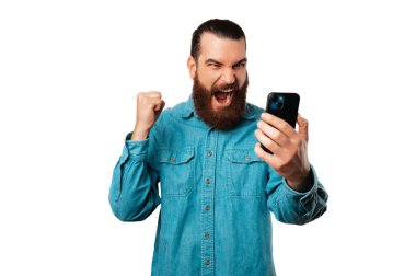 Oh yes I have got some good news over the phone thinks a screaming man over white background.