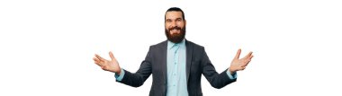White banner size shot of a bearded man holding arms ready to give a hug over white background.