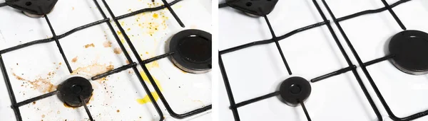 Close up shot of a before and after concept of a clean and dirty white gas kitchen stove.