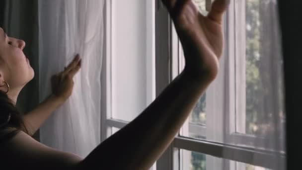 Video Young Woman Opening Windows Morning Time — Stok video