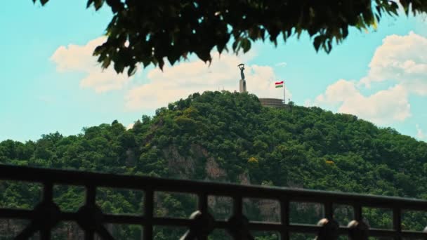 Кадри Прекрасного Пейзажу Будапешті Пагорбом Статуєю Угорським Прапором — стокове відео