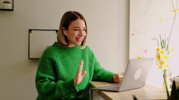 Vídeo Jovem Mulher Falando Laptop Com Colega Enquanto Está Sentado — Vídeo de Stock