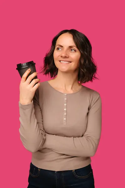 Vertical Portrait Smiling Mid Age Woman Holding Take Away Cup — Stock Photo, Image