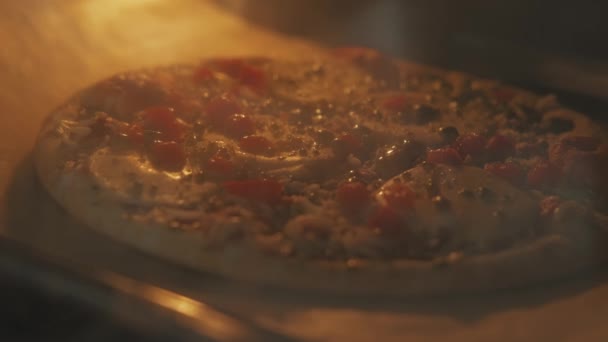 自家製ピザのクローズアップ映像はオーブンで調理しています — ストック動画