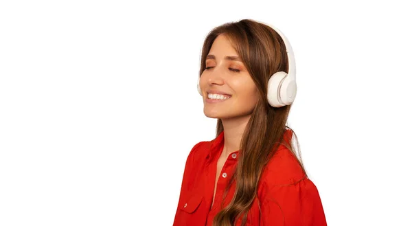 Young Smiling Woman Eyes Closed Enjoys Music While Wearing Headphones — Stock Photo, Image