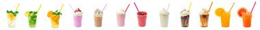 Kolaj yaz menüsündeki ferahlatıcı içecek ve içeceklere izole edilmiş. Milkshake, taze meyve suyu, smoothie ve limonata..