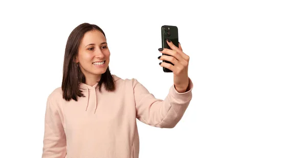 Banner Tamanho Tiro Uma Jovem Mulher Tomando Uma Selfie Com — Fotografia de Stock