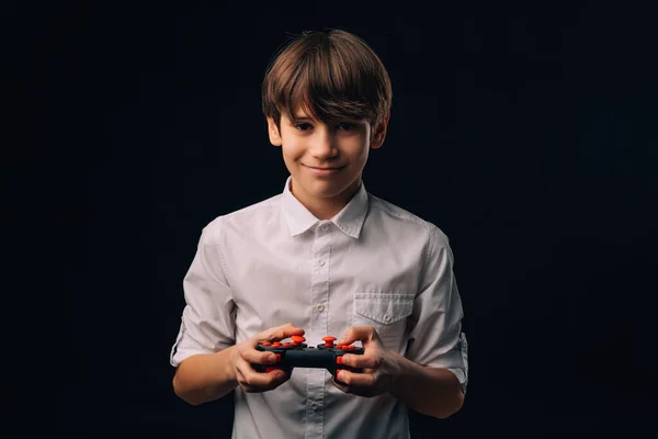 Young Teen Smiling Boy Wearing White Shirt Playing Joystick Black — ストック写真