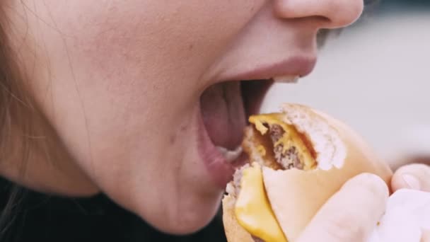 拍摄年轻女子吃芝士汉堡的影片 — 图库视频影像