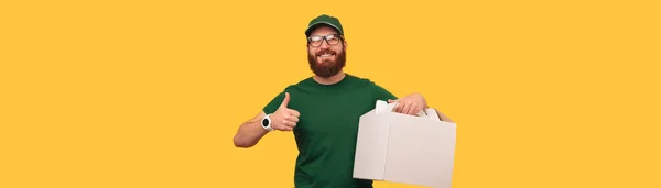 Yellow Studio Banner Shot Handsome Man Holding Delivery Cake Box — Stock Photo, Image