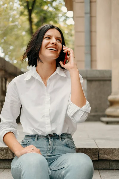 Smiling Handsome Woman Sitting Stairs Having Good News Call Phone — Stock Photo, Image