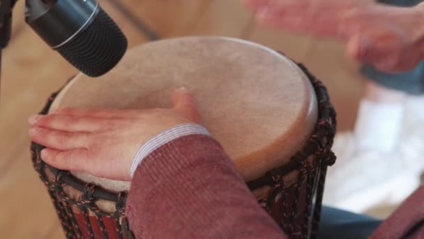 Close Video Man Hands Playing Traditional Djembe Drum — Stock Video