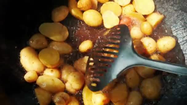 Patatesleri Kızartma Tavasında Pişirirken Çekilmiş Videoyu Kapat — Stok video