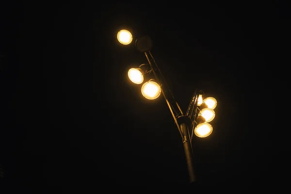 Zdjęcia Zewnątrz Piękne Nowoczesne Lampy Uliczne Ciepłym Światłem Nocy Gdzieś — Zdjęcie stockowe