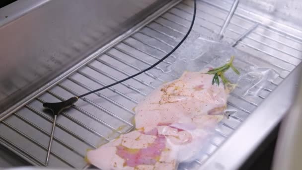 Close Vídeo Preparar Carne Frango Vácuo Ferver Panela Água — Vídeo de Stock