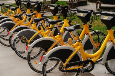 Şehir bisiklet paylaşım programında halka açık bir sıra parlak sarı bisiklet, düzgün park edilmiş ve gitmeye hazır.