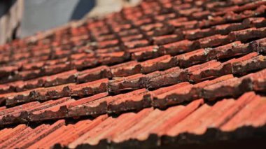 Geleneksel terasotta çatı fayanslarının benzersiz dokusu ve karmaşık desenlerini gösteren yakın plan bir görünüm