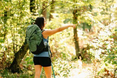Yeşilliklerle dolu canlı ve huzurlu bir ormanda büyük bir sırt çantasıyla yürüyüş yapan biri.