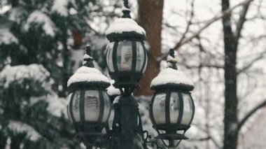 Süslü fenerlerin olduğu güzel, huzurlu bir kış sahnesi. Üstü yumuşak, yumuşacık karla kaplı.