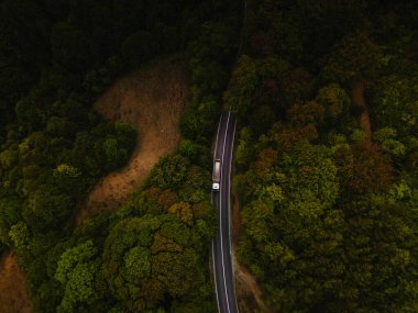 Etkileyici bir hava görüntüsü, kıvrımlı bir yolu gösteriyor. Çevredeki canlı, yoğun yeşilliklerin arasına güzel bir şekilde yerleşmiş.