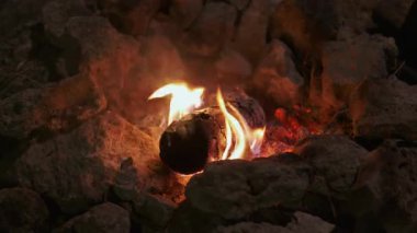 Taş ateş çukurunda yanan bir kütük, canlı, dans eden alevlerini ve parlayan, sıcak közlerini sergiliyor.