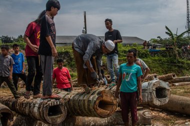 Cihanjawar Village, Sukamakmur Village, Bogor, West Java, Endonezya sakinleri, Kuluwung geleneksel kültür festivali için 25 Nisan 2023 tarihinde Randu ağaçlarından toplar yaptı.