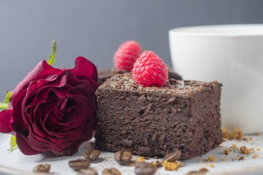 cup of coffee and chocolate cake, brownie