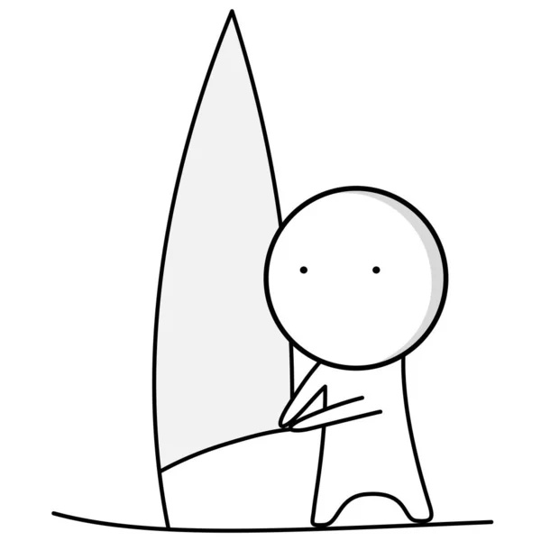 Black White Line Drawing Man Holding Surfboard — стоковый вектор